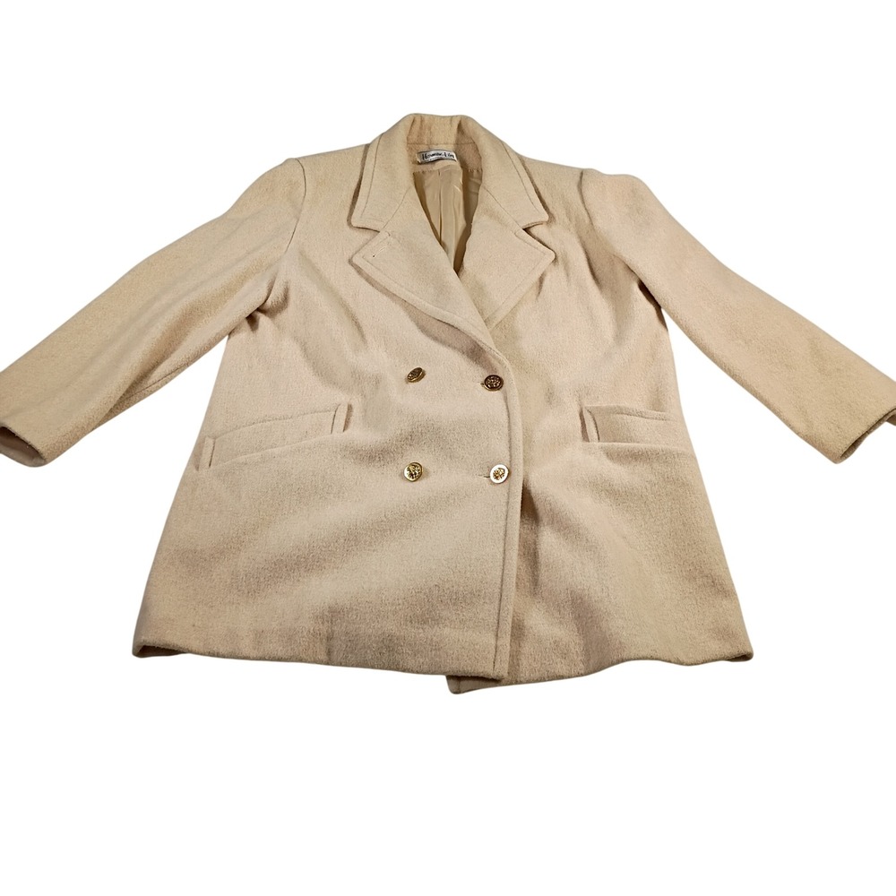 Herman Kay Wool Blend Coat Womens L Cream Beige Double Breasted Gold Button Good